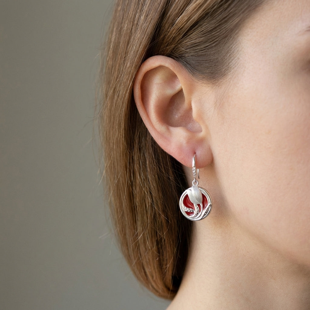 Sculpted Tulip Floral Dangle Earrings in 925 Sterling Silver – White Satin & Cherry Red Enamel