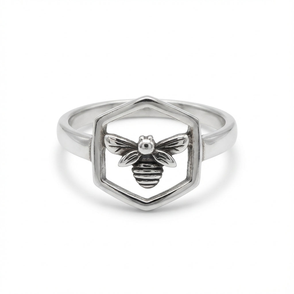 Handcrafted Hexagon Bee Unisex Ring in Oxidized Sterling Silver