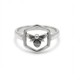Handcrafted Hexagon Bee Unisex Ring in Oxidized Sterling Silver