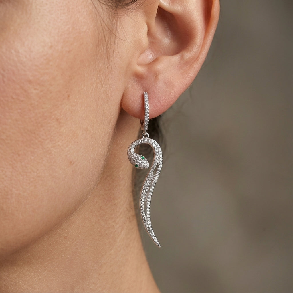 Sterling Silver Paved Serpent Drop Earrings with White CZ and Green Zircon