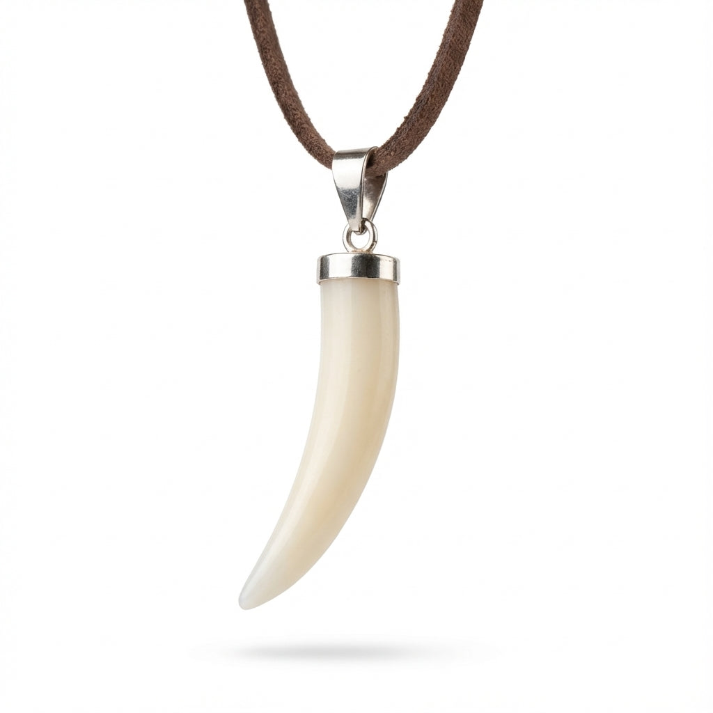 Sterling Silver Mother of Pearl Horn Necklace with Leather Boho Pendant