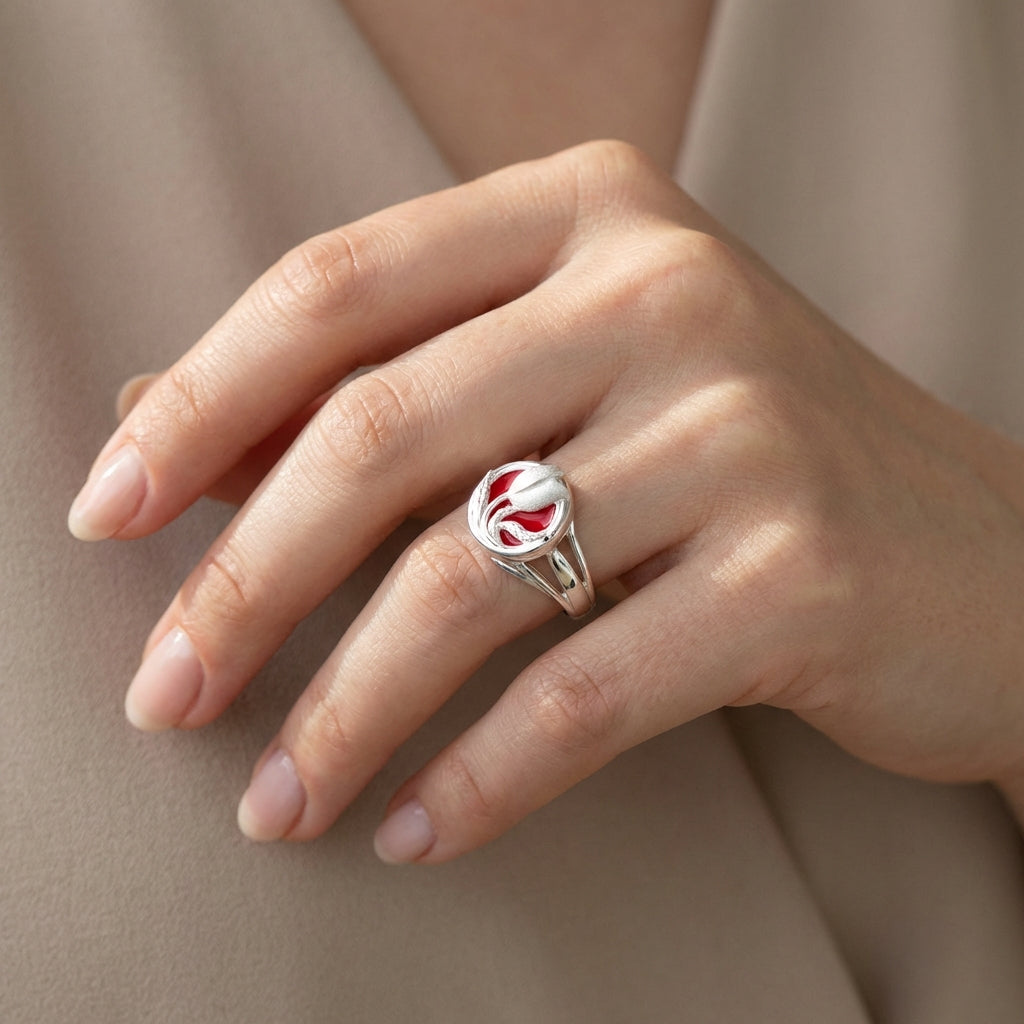 Satin Tulip Silver Ring with Botanical Bypass Design White and Red Enamel