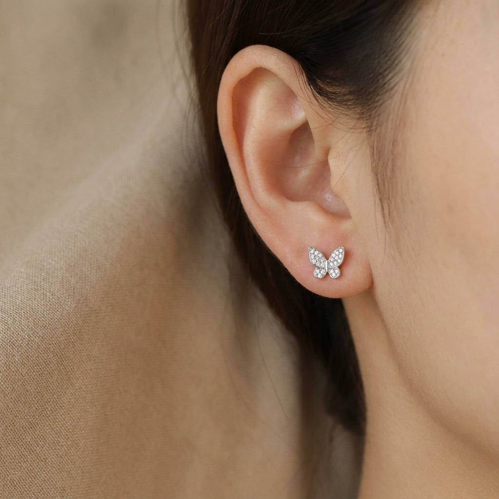 Butterfly Silver Stud Earrings 925 Sterling Silver CZ Design