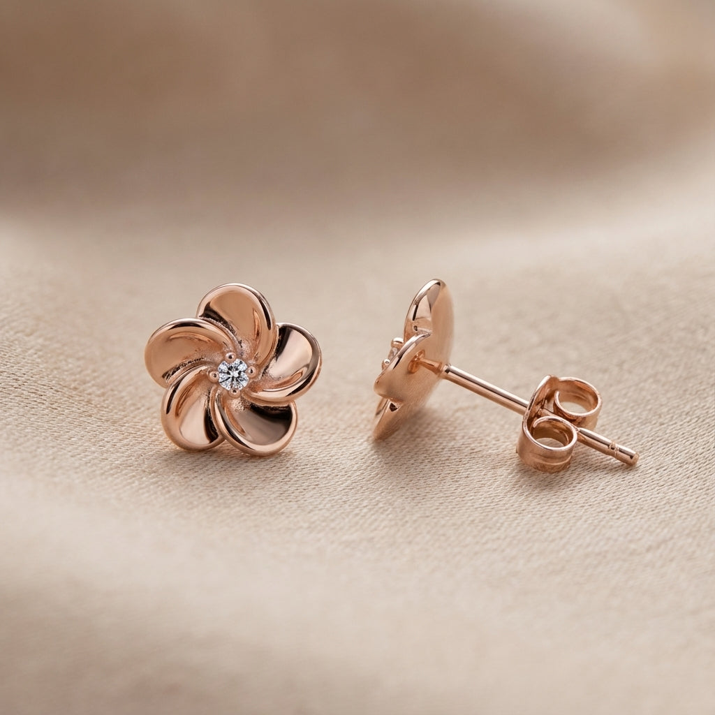 Floral Rose Gold Stud Earrings in 925 Sterling Silver with Rhinestone