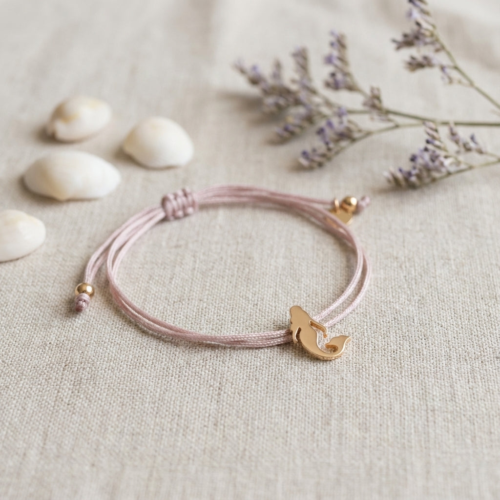 Mermaid Charm Bracelet in Rose Gold on Greige Cord