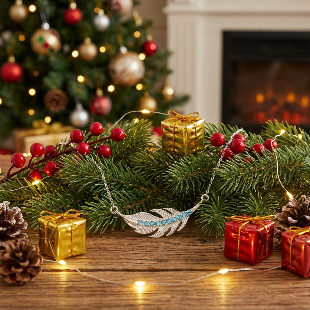 Aeria Feather Necklace in 925 Sterling Silver with Turquoise Accents