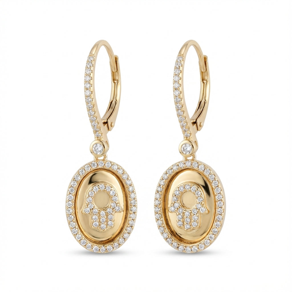 Hamsa Oval Drop Earrings in Sterling Silver with Pavé Zirconia