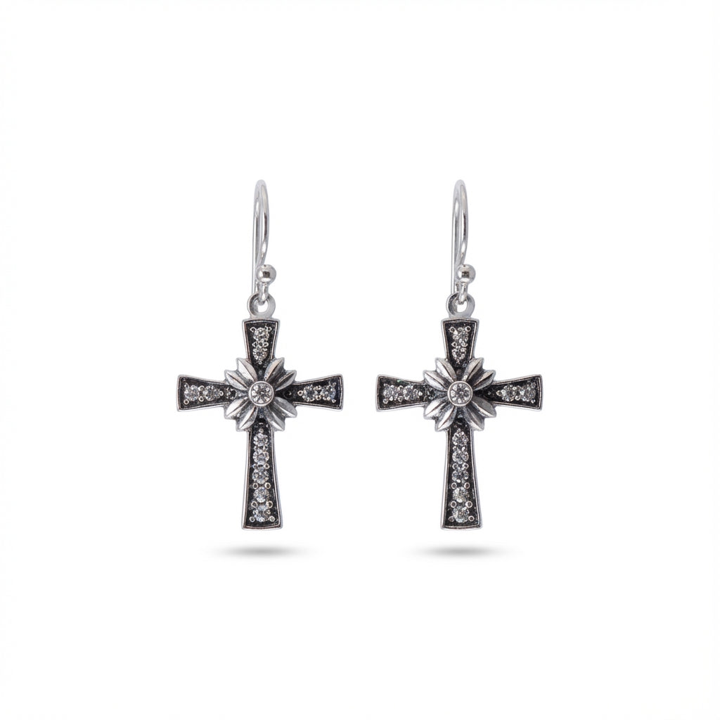 Sterling Silver Floriated Cross Dangle Earrings – Oxidised Finish