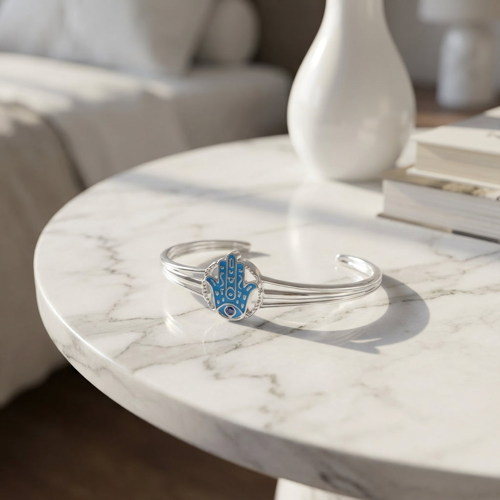 سوار حماية من المينا على شكل يد فاطمة من الفضة الإسترليني - أوبال أزرق مخضر وتوباز أزرق سماوي