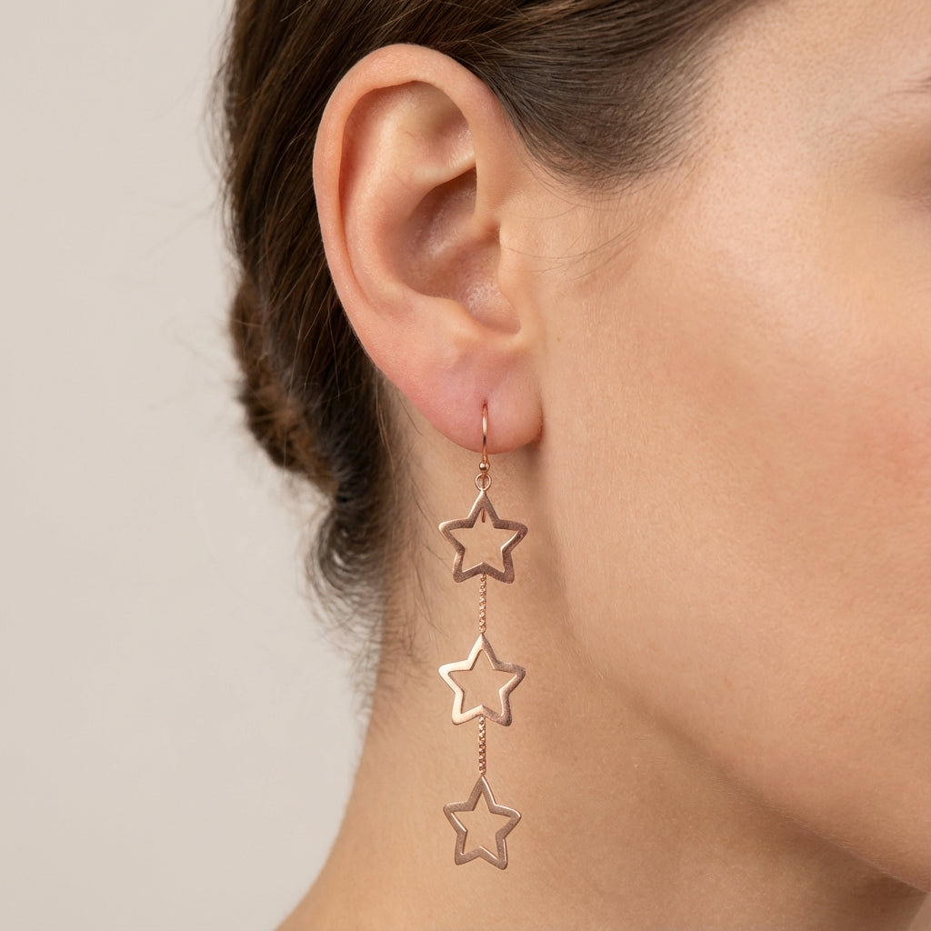 Sterling Silver Triple Star Dangle Earrings – Long Celestial Drop (Silver & Rose Gold Plated)