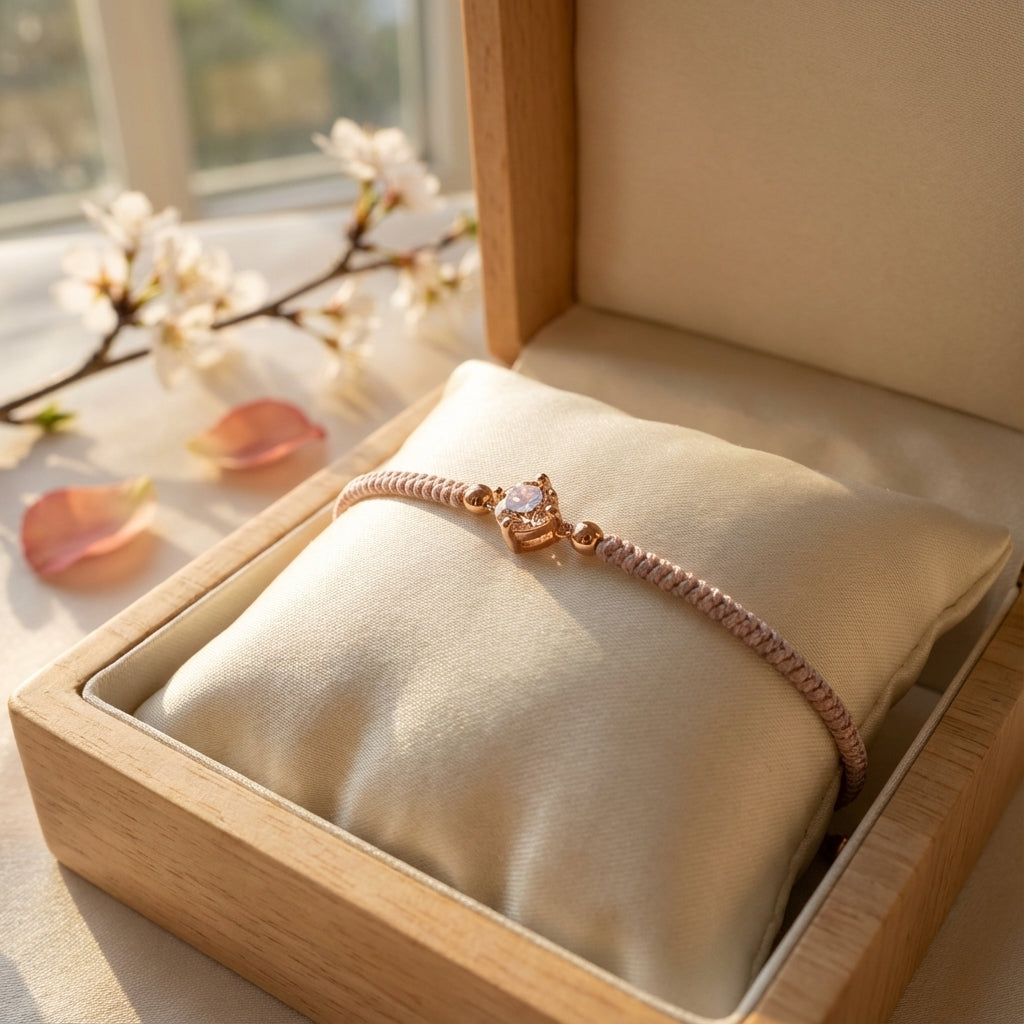 سوار من حبل الباراكورد بلون بيج رمادي مع قلب من الكريستال الذهبي الوردي