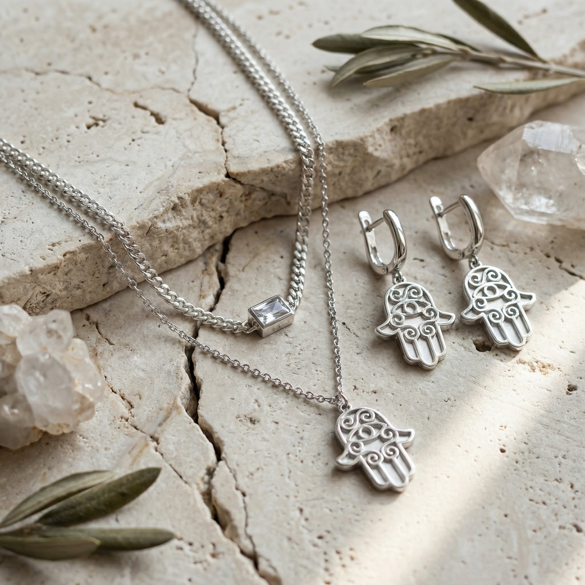 Sterling Silver Layered Hamsa Necklace & Earrings Set – Natural Mother of Pearl & Double Chain