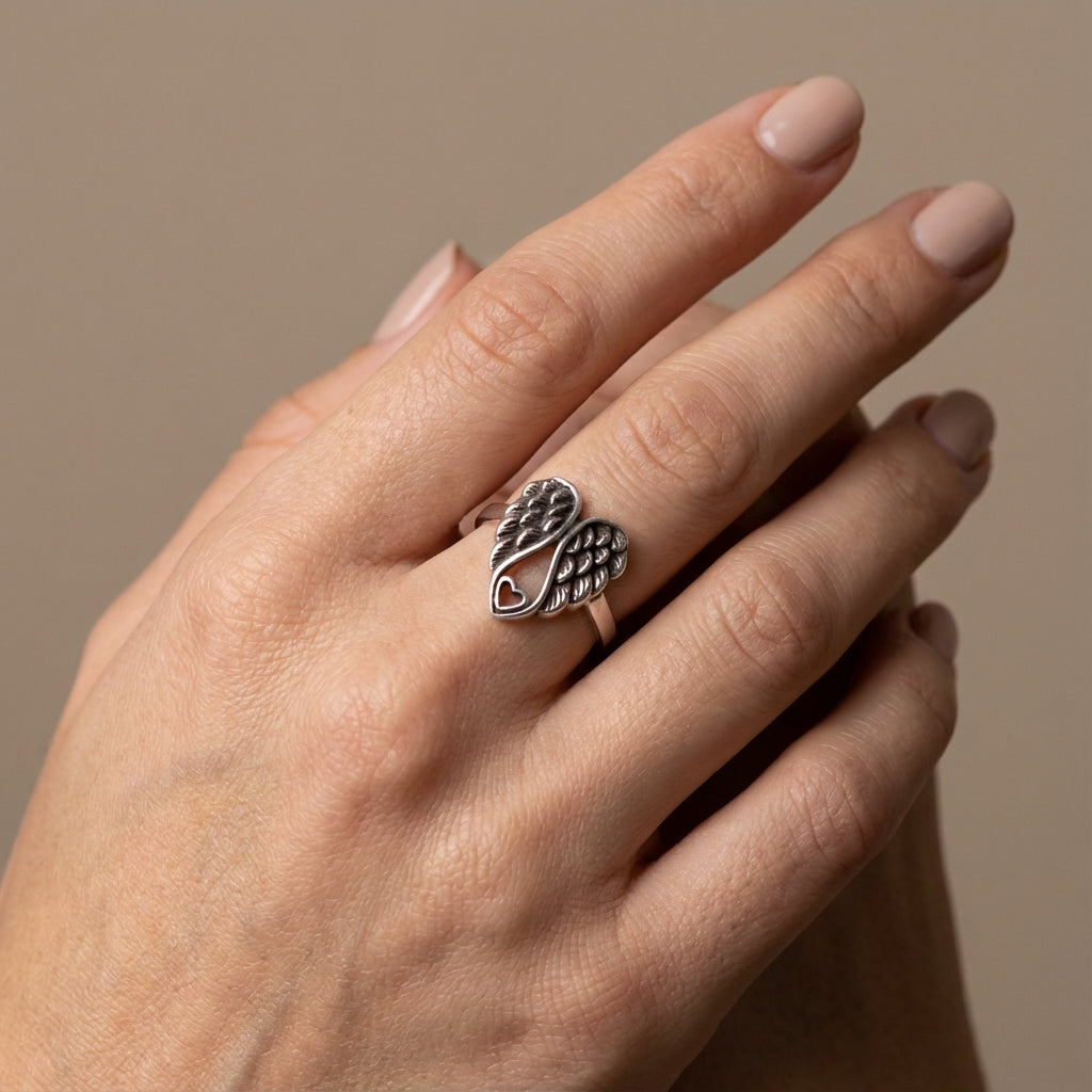 Oxidized Sterling Silver Two Wings Heart Ring