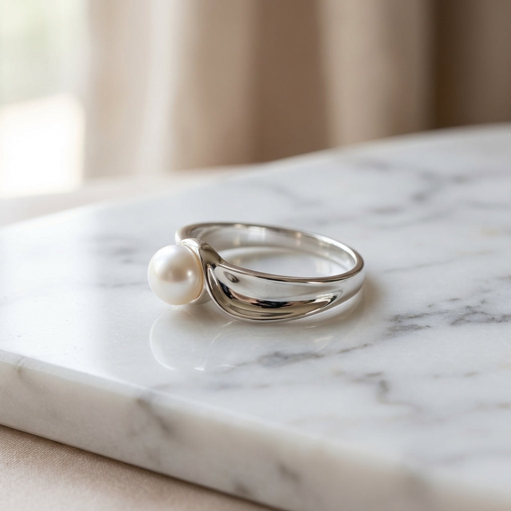 Romantic Sculpted Silver Pearl Contour Ring