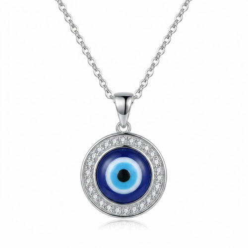 Silver necklace with blue enamel evil eye pendant and white cubic zirconia detailing