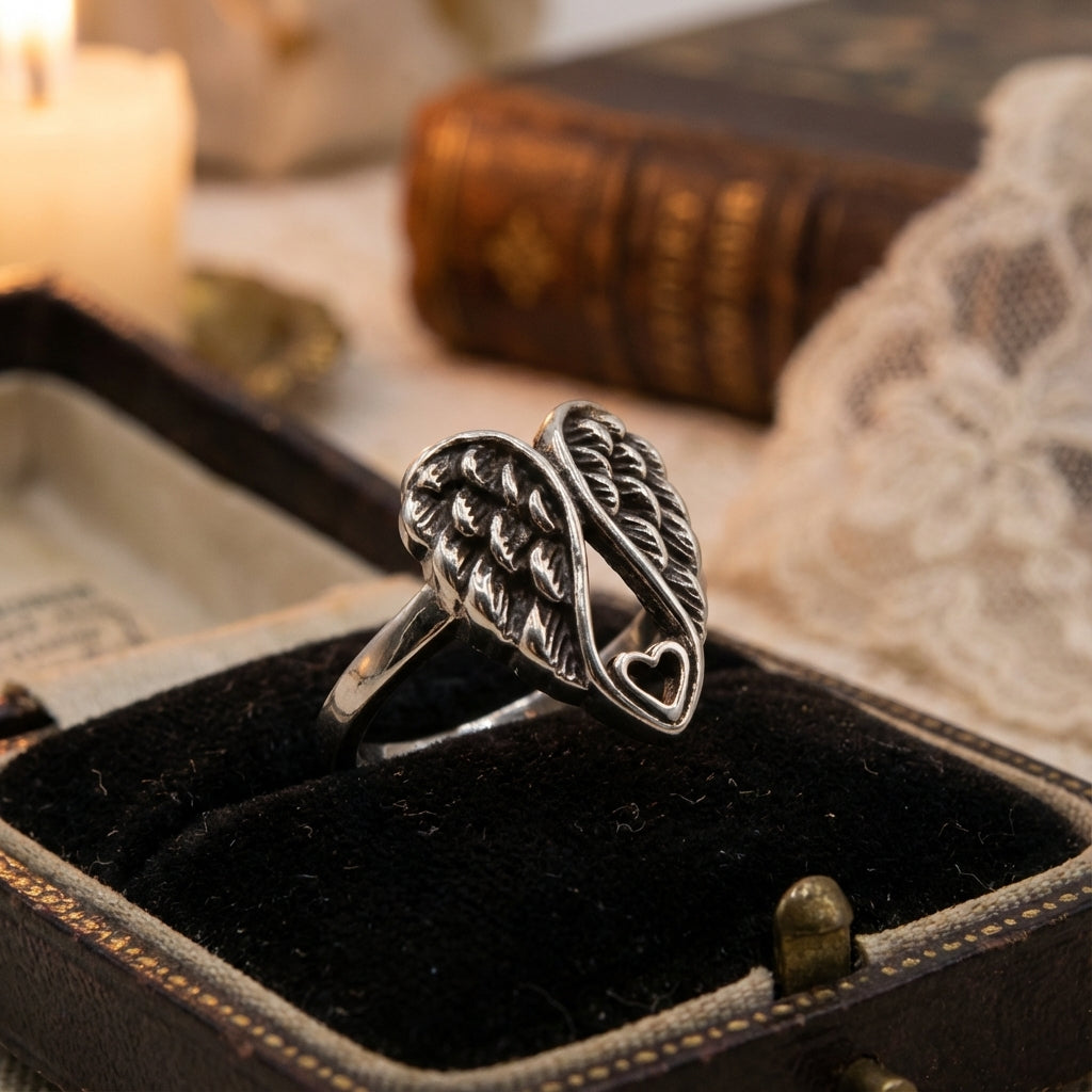 Oxidized Sterling Silver Two Wings Heart Ring