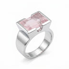 Emerald cut rose quartz ring in 925 silver with half bezel setting and soft pink gemstone