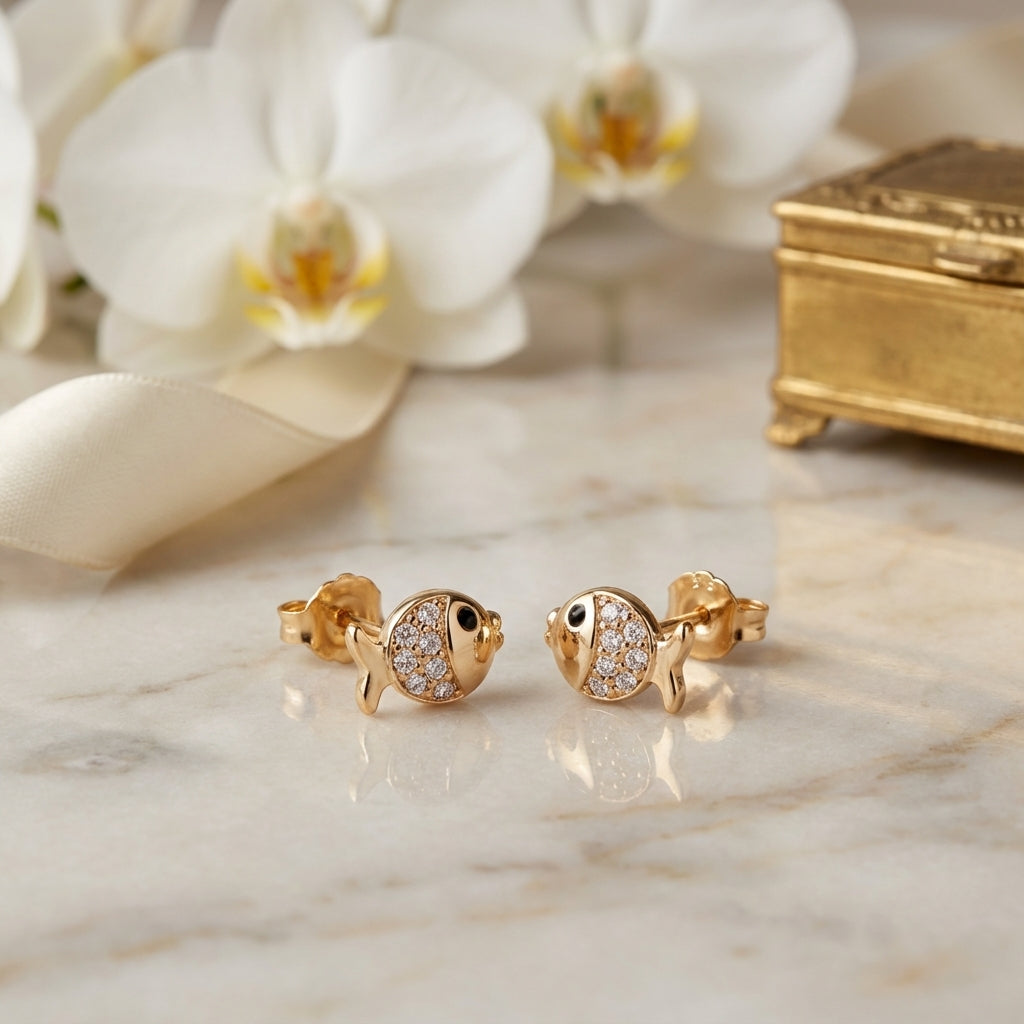Gold Fish Stud Earrings with Rhinestone Detail from the Fauna Series
