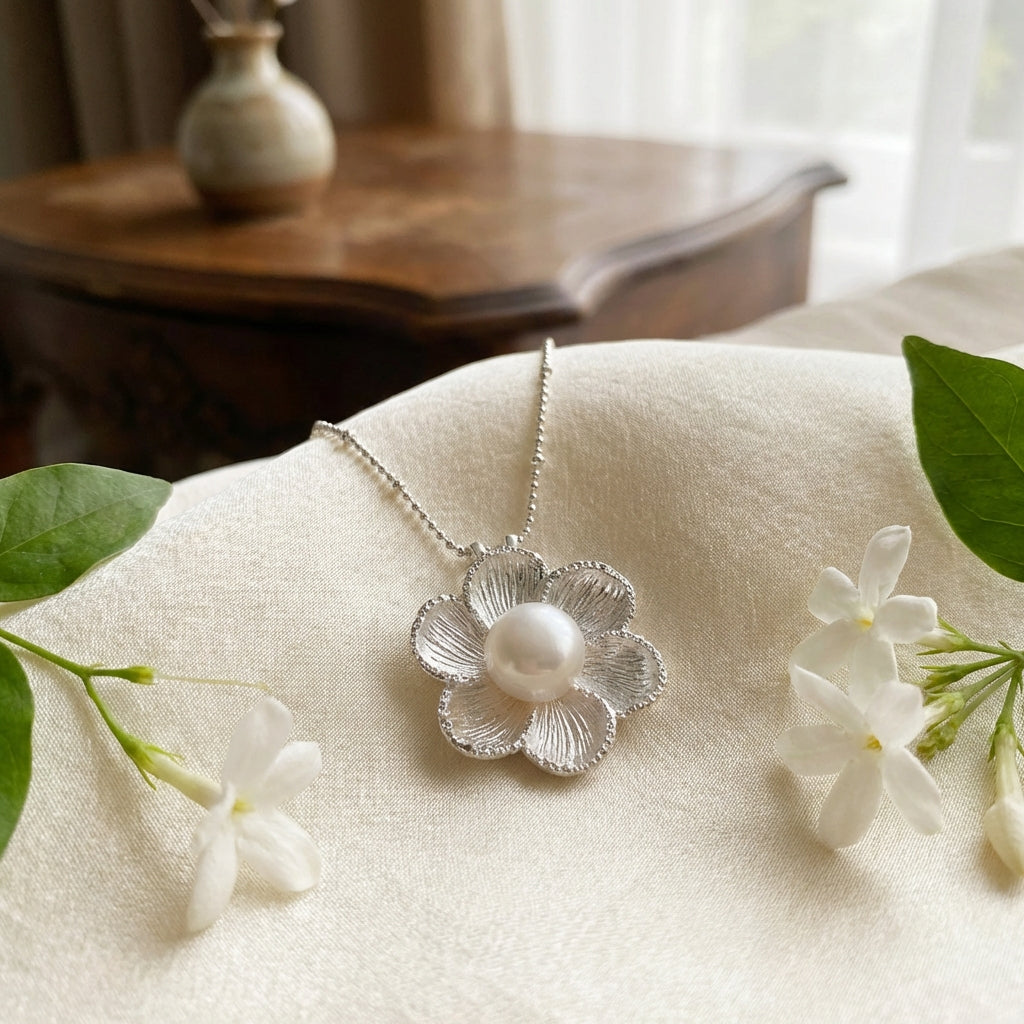 Six Petal Magnolia Flower Pearl Pendant Necklace in Sterling Silver