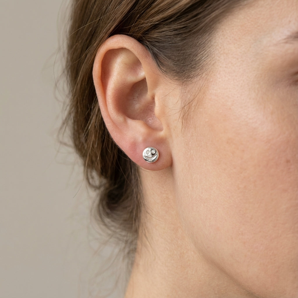 Smiley Face Silver Stud Earrings 925 Sterling Lightweight Jewelry
