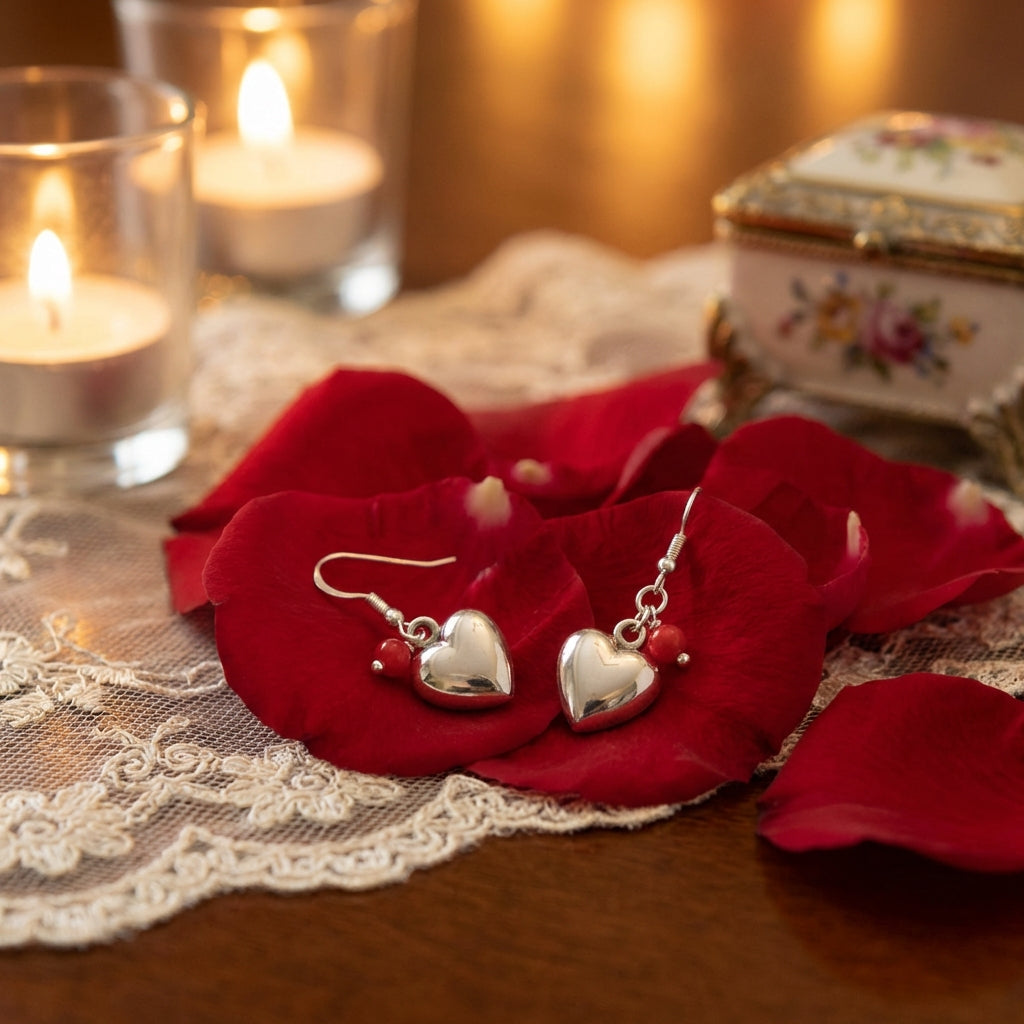 Sterling Silver Puffed Heart Earrings – Dangle Bead Charm (Red, Purple, Blue)