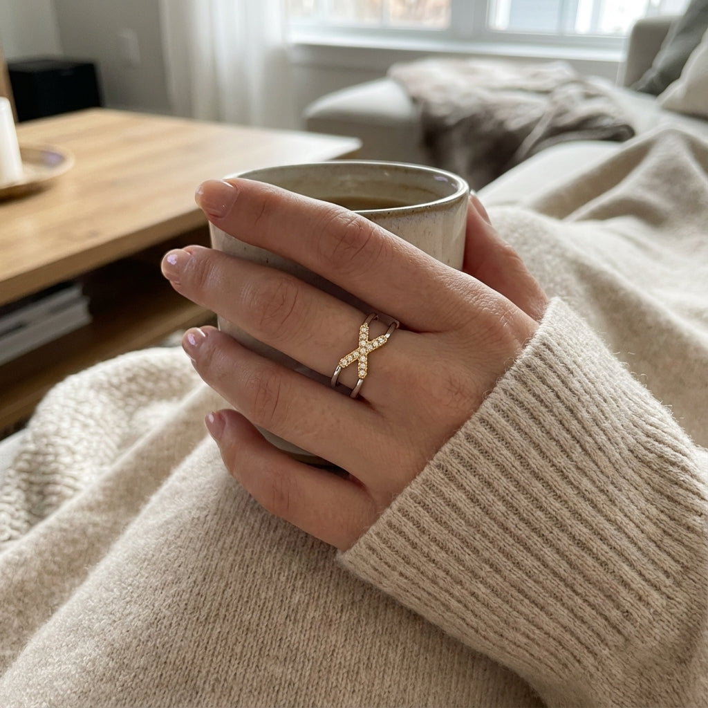 Dual Flow X Ring Elegant Gold-Plated and Silver Cubic Zirconia Jewelry