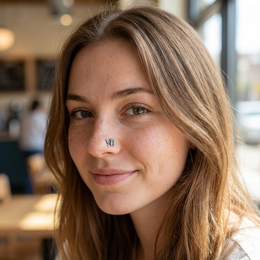 قرط أنف على شكل فراشة ماريبوسا من الفضة المؤكسدة