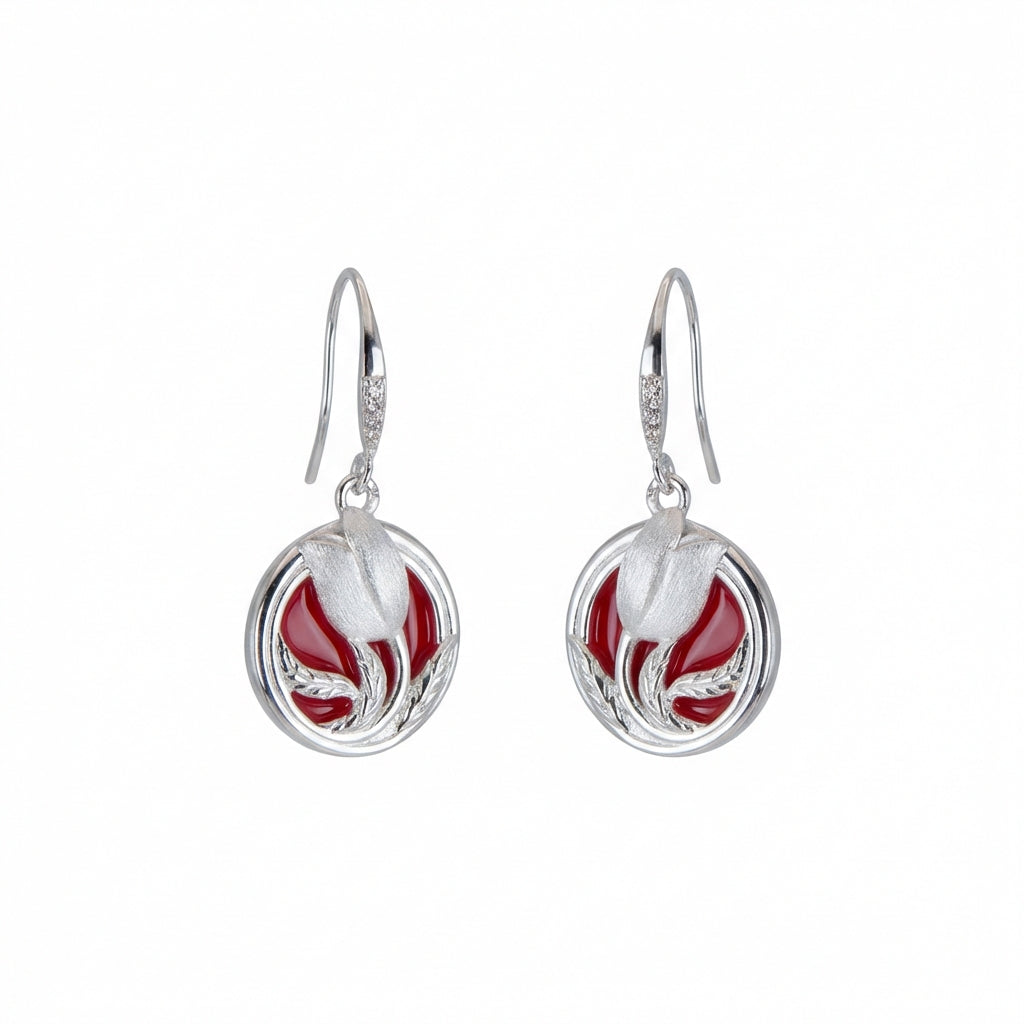 Sculpted Tulip Floral Dangle Earrings in 925 Sterling Silver – White Satin & Cherry Red Enamel