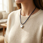 Model wearing the silver heart locket necklace with navy suede cord — unisex memory keepsake design.