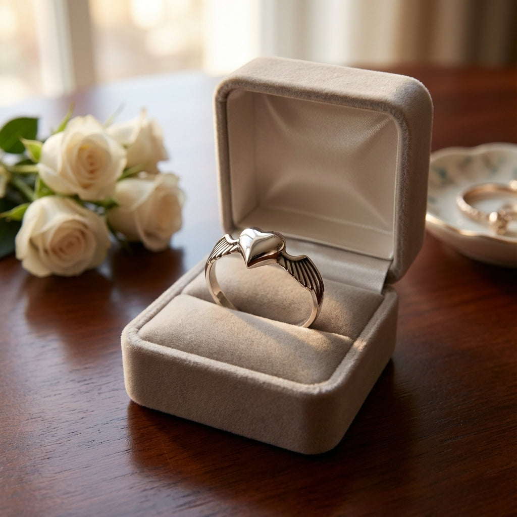 Oxidized Silver Heart Ring with Sculpted Feathered Band