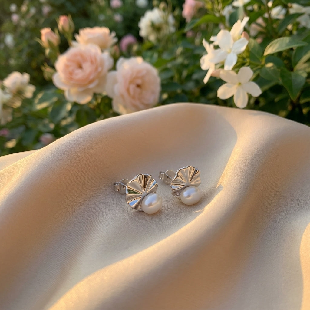 Rhodium Silver Shell Stud Earrings with Freshwater Pearl Accent