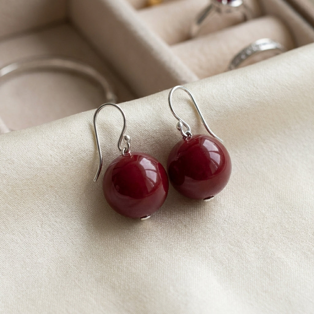 Burgundy Sphere Drop Earrings in Solid 925 Silver