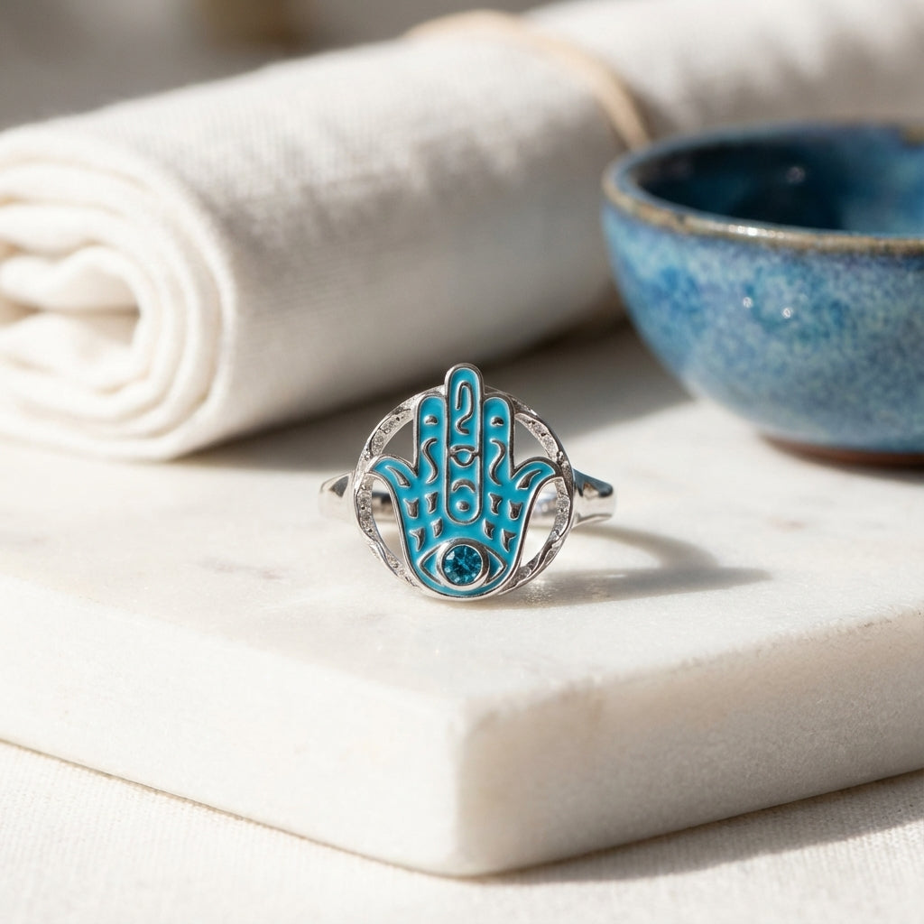Silver Hamsa Ring with Blue Topaz & Enamel — Azure Guardian Talisman