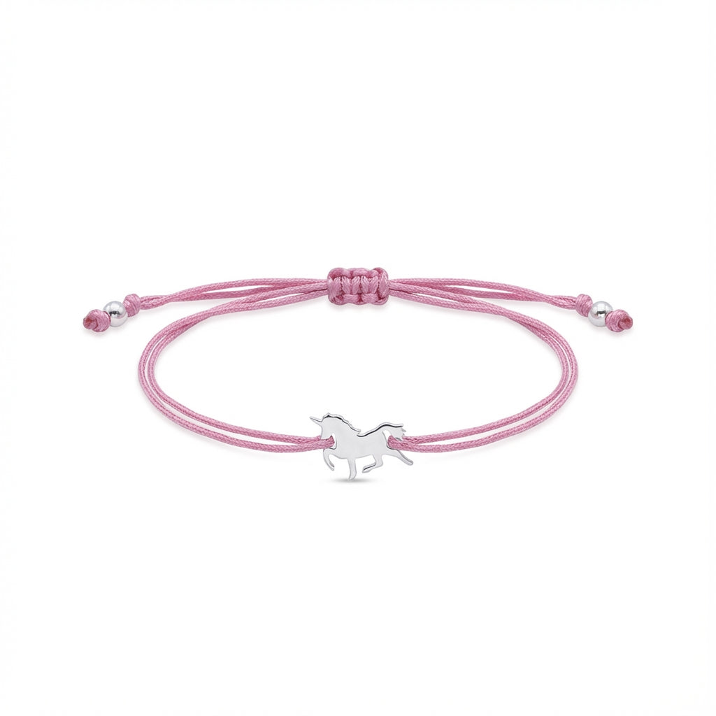 Whimsy Unicorn Bracelet in Silver with Pink Cord