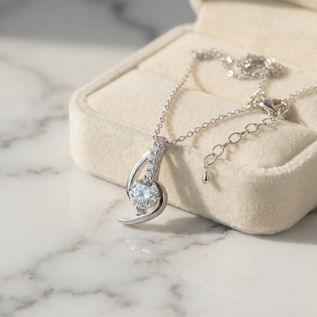 Wave Light Curved Silver Necklace with Pavé Zirconia Accent