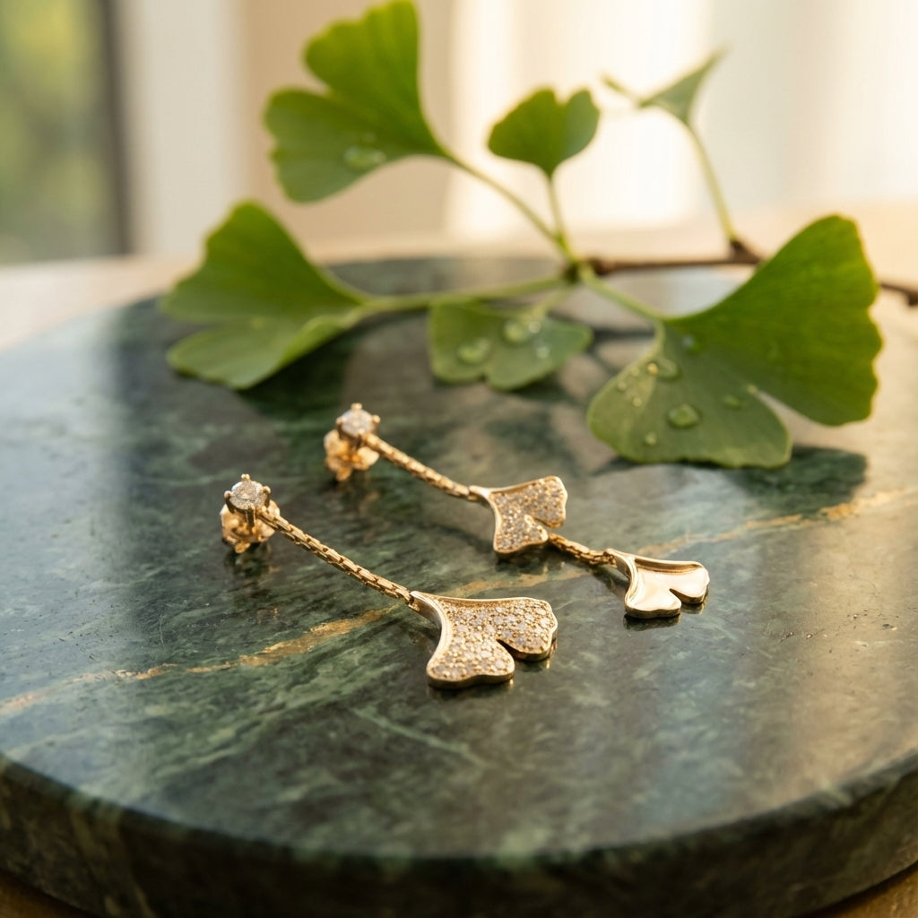 Folia Lucida Ginkgo Leaf Drop Earrings in 925 Sterling Silver – Rhodium & 18K Gold
