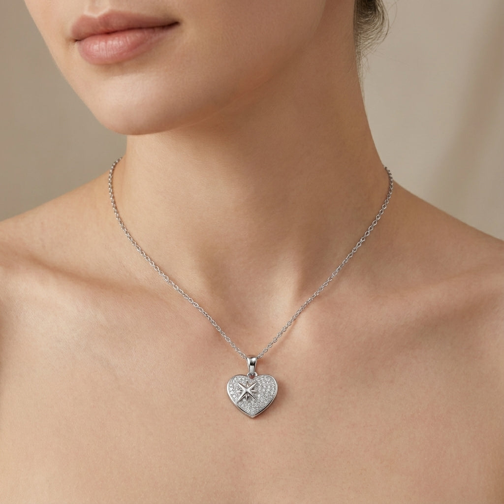 Sterling Silver Rhodium Plated Heart Pendant Necklace with CZ Northern Star