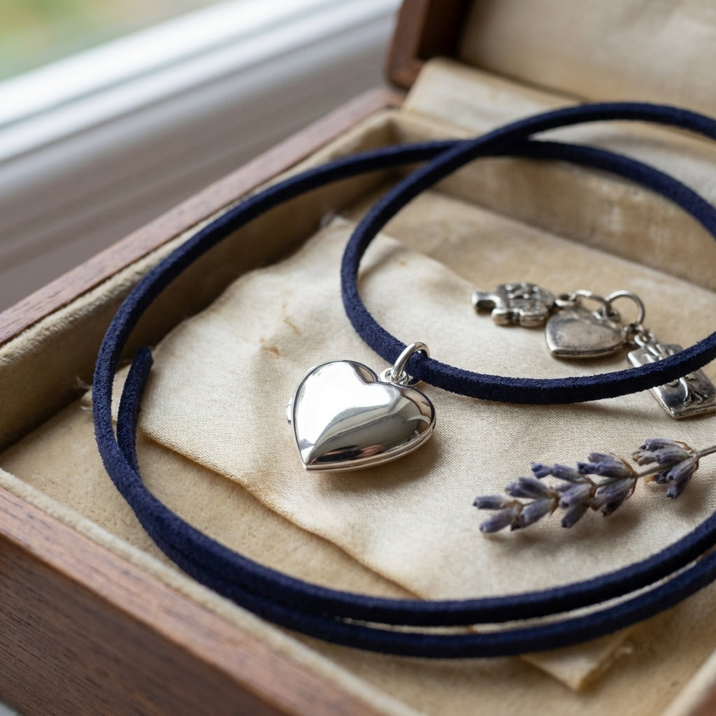 Sterling Silver 925  heart-shaped pendant on a blue cord with a wooden box and lavender flowers in the background.