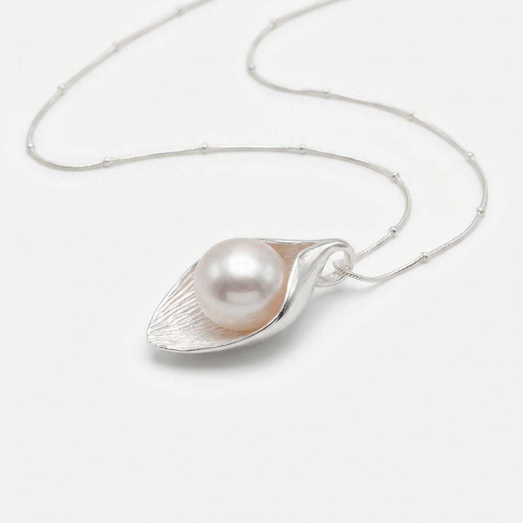 Sterling Silver Calla Lily Pearl Pendant Necklace for Bridal and Anniversary Gifting