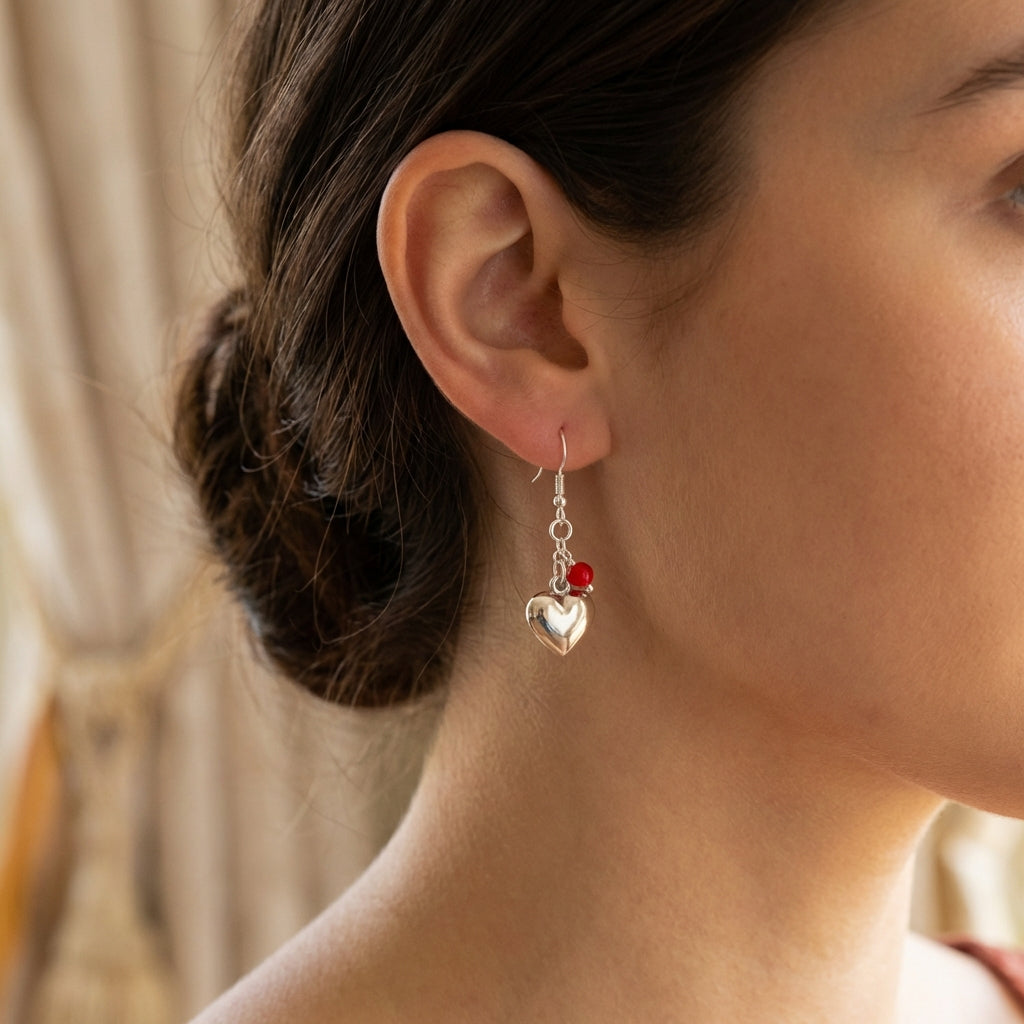 Sterling Silver Puffed Heart Earrings – Dangle Bead Charm (Red, Purple, Blue)