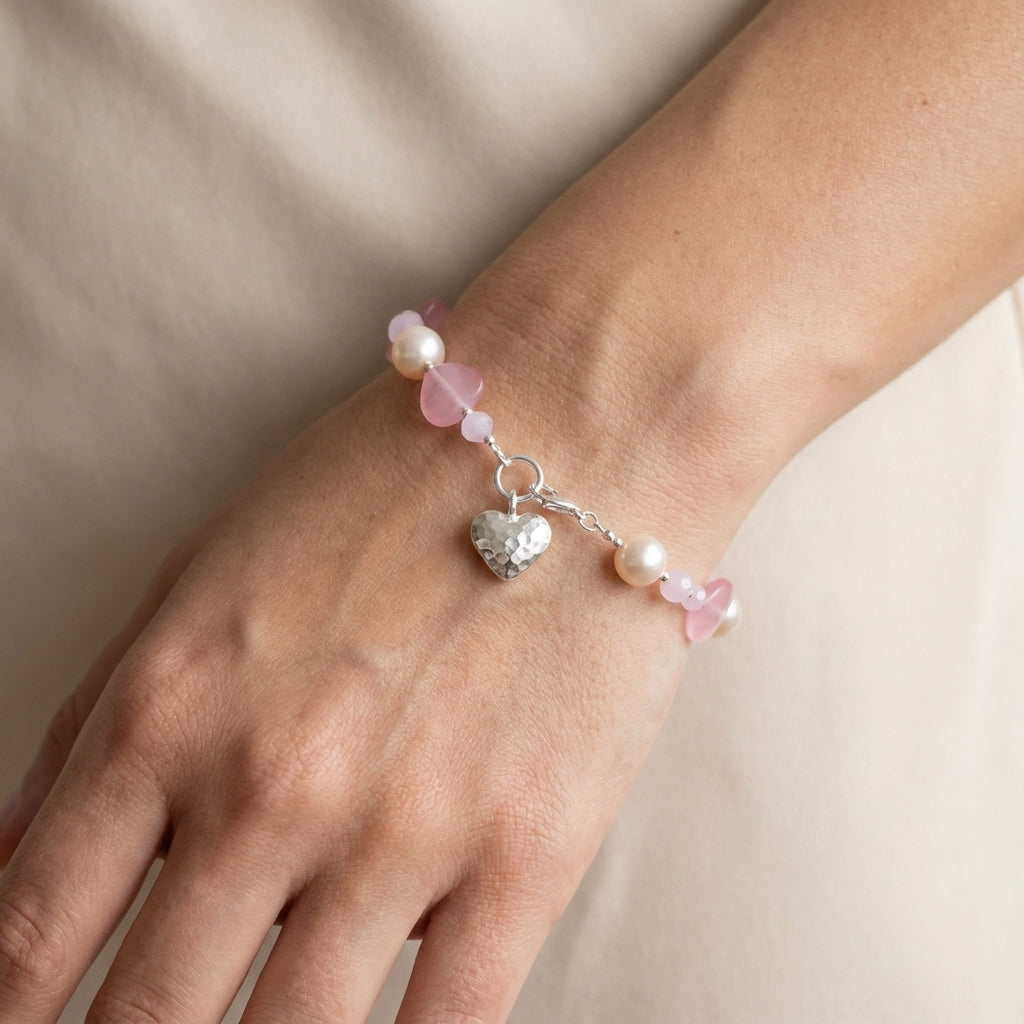 Rose Quartz Heart Bracelet with Hammered Silver Charm