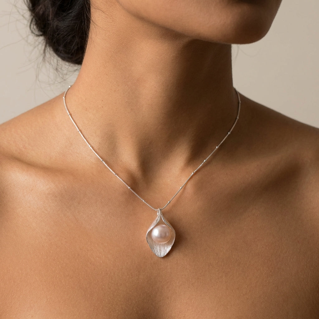 Sterling Silver Calla Lily Pearl Pendant Necklace for Bridal and Anniversary Gifting