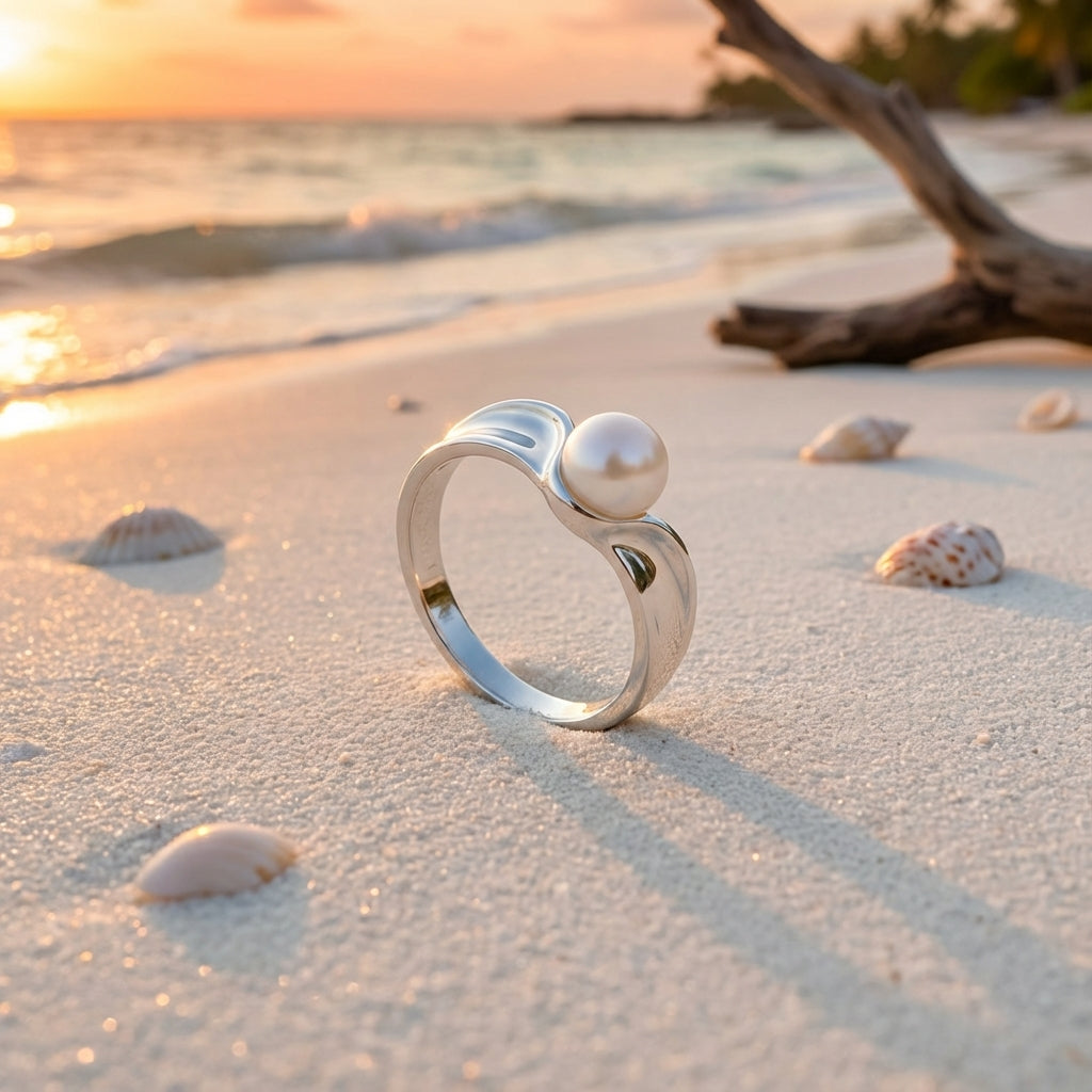 Romantic Sculpted Silver Pearl Contour Ring