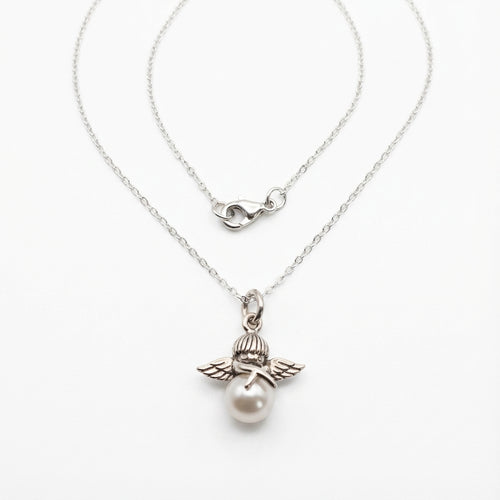 Cupid Necklace with a faux pearl pendant and silver angel wings on a white background