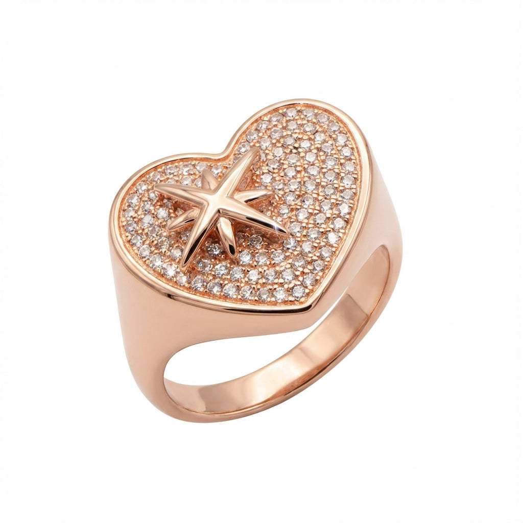 Northern Light Pavé Heart Ring with Eight-Point Star in 925 Sterling Silver