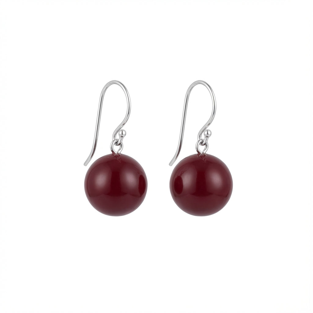 Burgundy Sphere Drop Earrings in Solid 925 Silver
