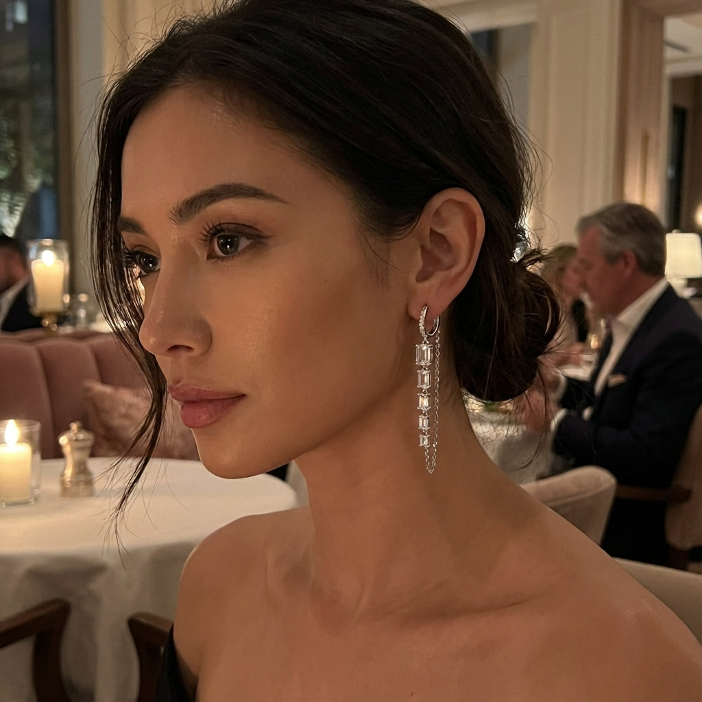 Silver Chain Baguette Cut Dangle Earrings