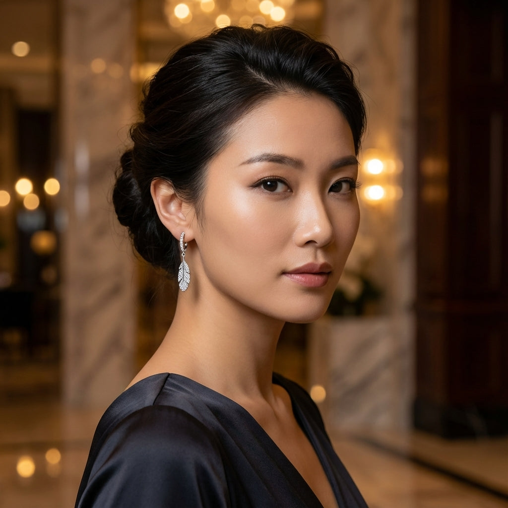 Crystal Feather Huggie Earrings in Sterling Silver