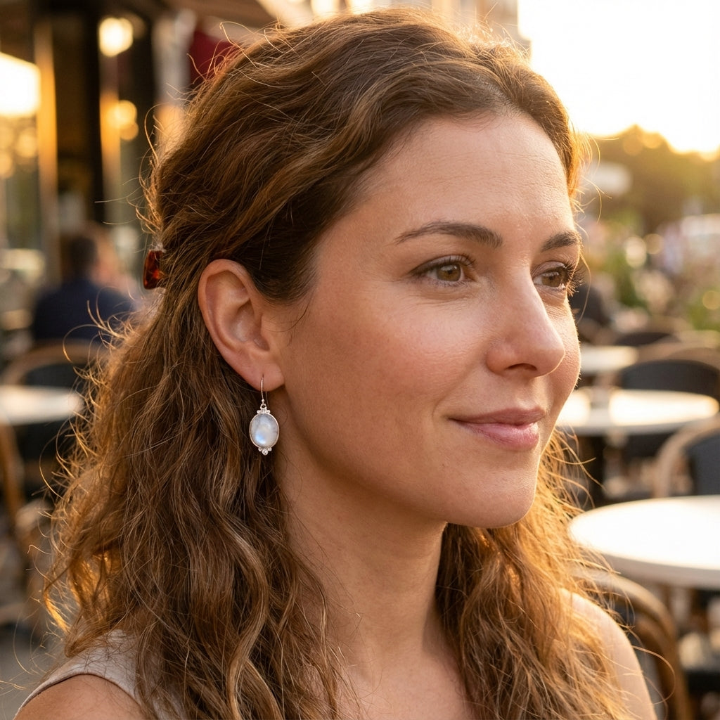 أقراط بيضاوية متدلية من الفضة الإسترلينية واللؤلؤ مع لمسات من الكريستال