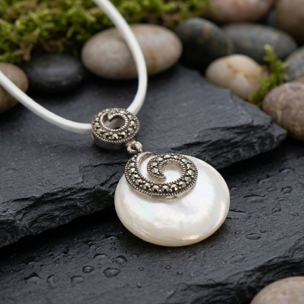 Mother of Pearl & Marcasite Swirl Necklace – Vintage Silver Coin Pendant